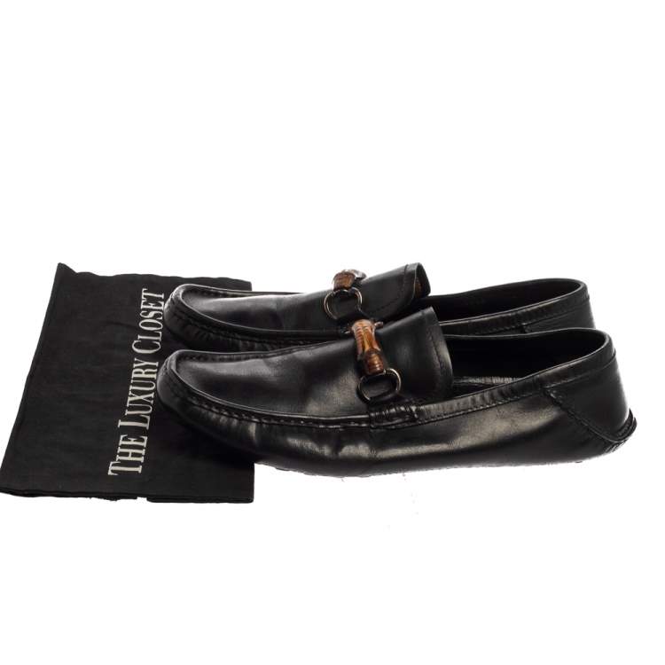 Pre Owned Gucci Black Leather Bamboo Horsebit Slip On Loafers Size 43.5