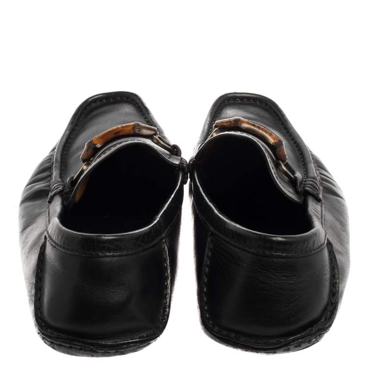 Pre Owned Gucci Black Leather Bamboo Horsebit Slip On Loafers Size 43.5