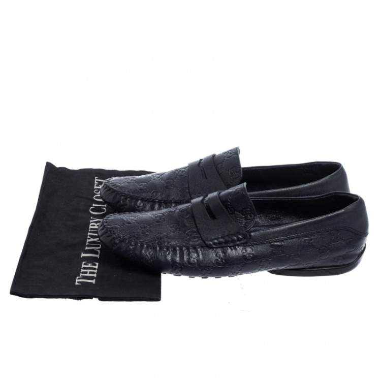 Pre Owned Gucci Navy Blue Guccissima Leather Penny Slip On Loafers Size 43.5