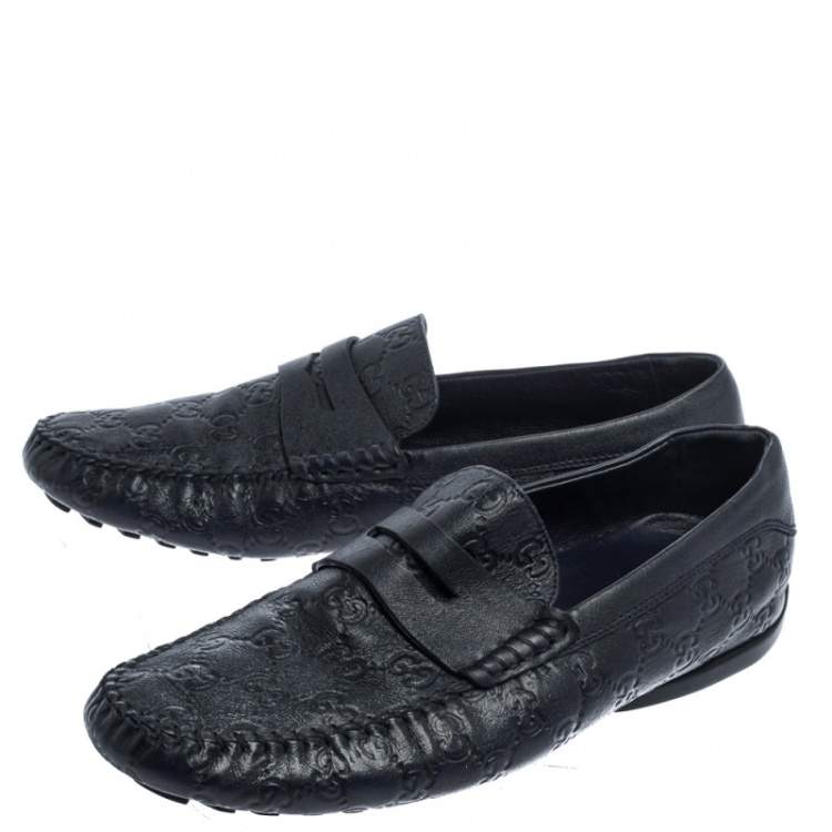 Pre Owned Gucci Navy Blue Guccissima Leather Penny Slip On Loafers Size 43.5