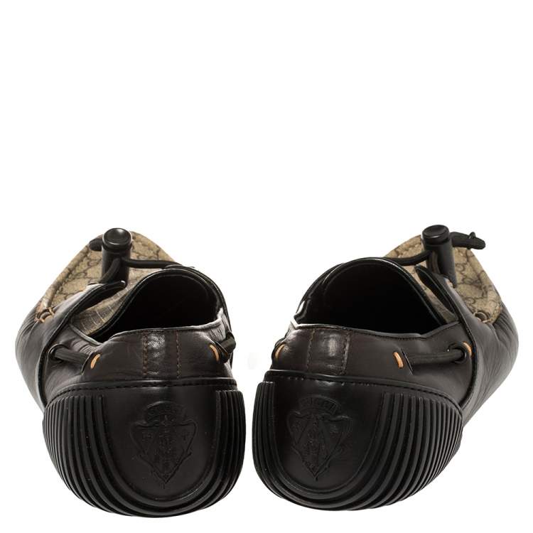 Pre Owned Gucci Beige/Brown Coated Canvas And Leather Toggle Cord Loafers Size 44.5