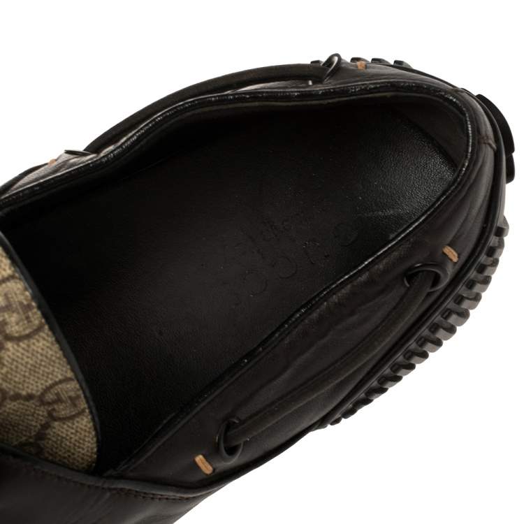 Pre Owned Gucci Beige/Brown Coated Canvas And Leather Toggle Cord Loafers Size 44.5