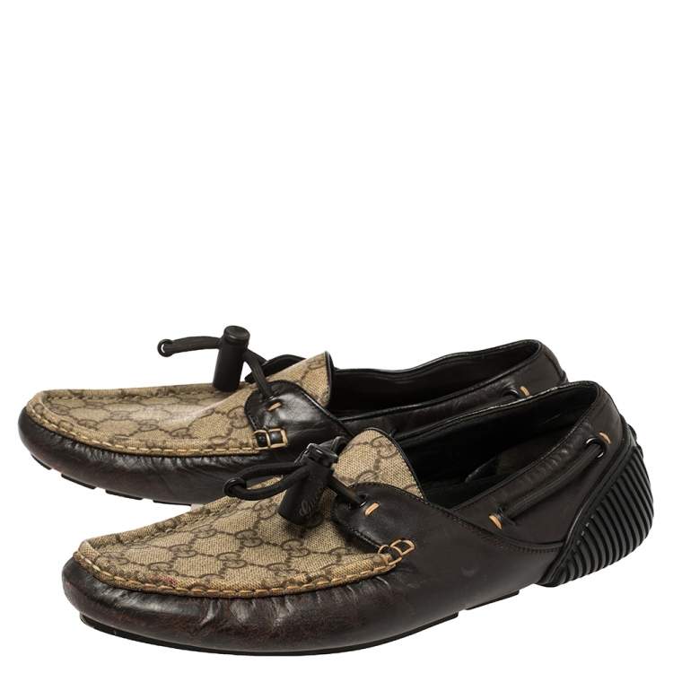 Pre Owned Gucci Beige/Brown Coated Canvas And Leather Toggle Cord Loafers Size 44.5