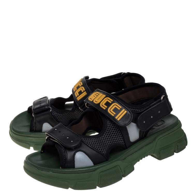 Pre Owned Gucci Black Leather And Mesh Sega Sandals Size 41