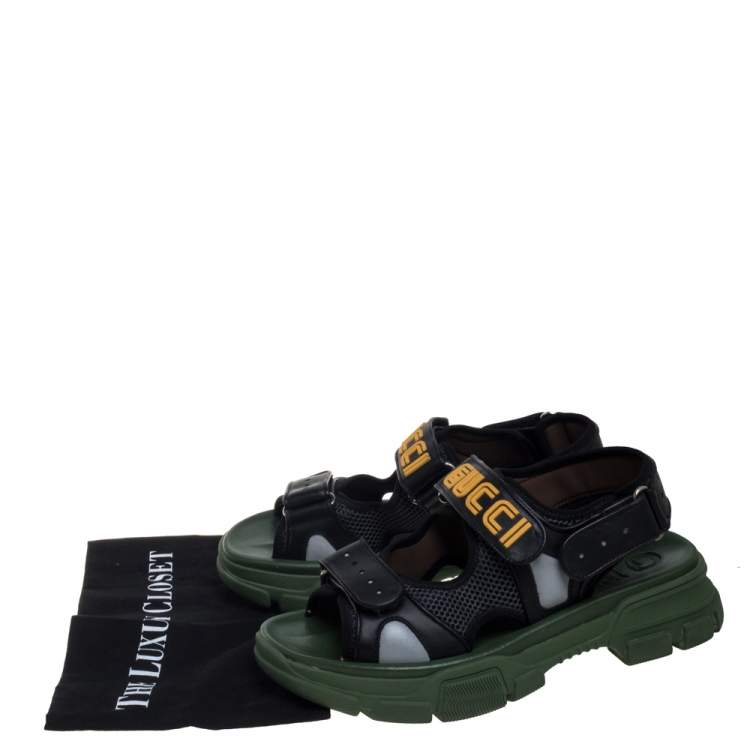 Pre Owned Gucci Black Leather And Mesh Sega Sandals Size 41