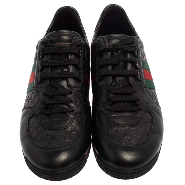 Pre Owned Gucci Black Guccissima Leather Web Detail Low Top Sneakers Size 42.5