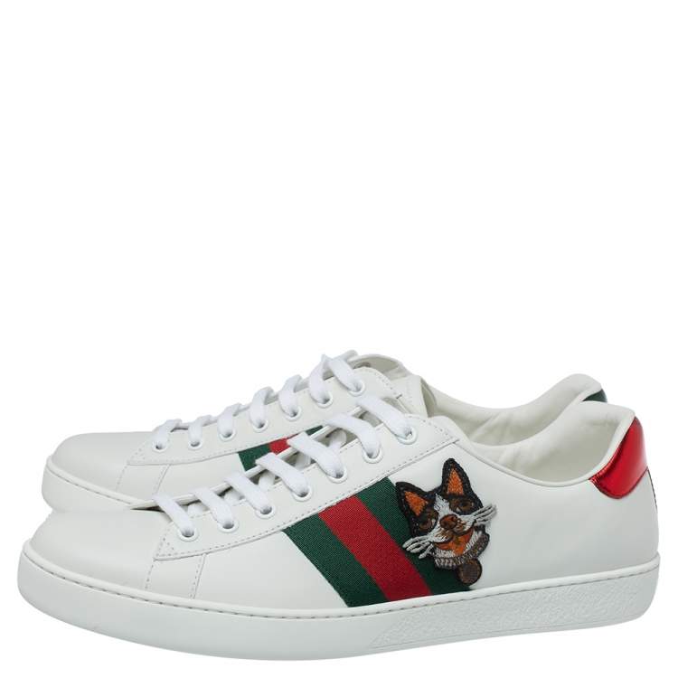 Pre Owned Gucci White Leather Dog New Ace Low Top Sneakers Size 44