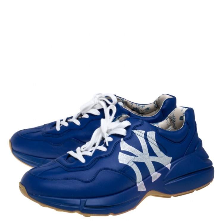 Pre Owned Gucci Blue Leather Rhyton With NY Yankees™ Print Sneakers Size 44