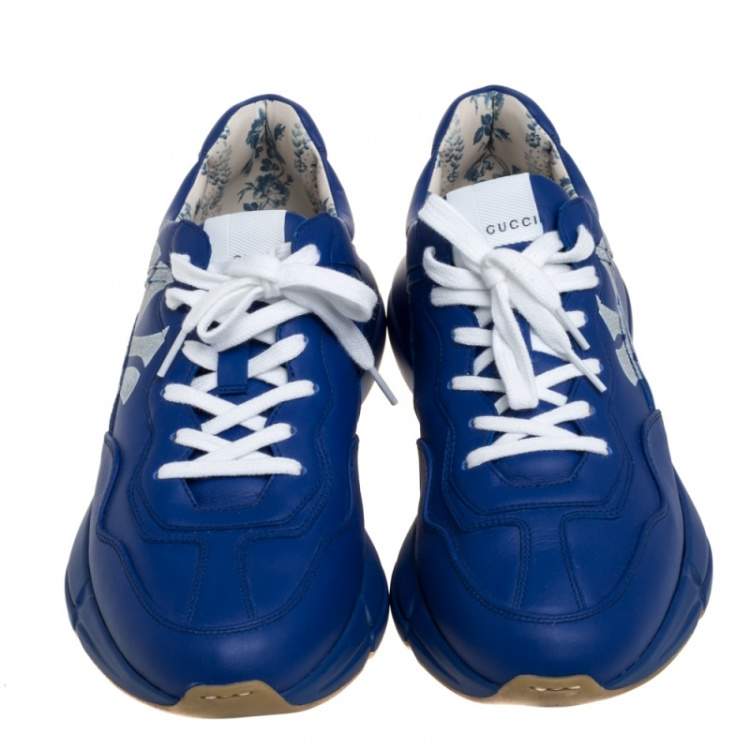 Pre Owned Gucci Blue Leather Rhyton With NY Yankees™ Print Sneakers Size 44