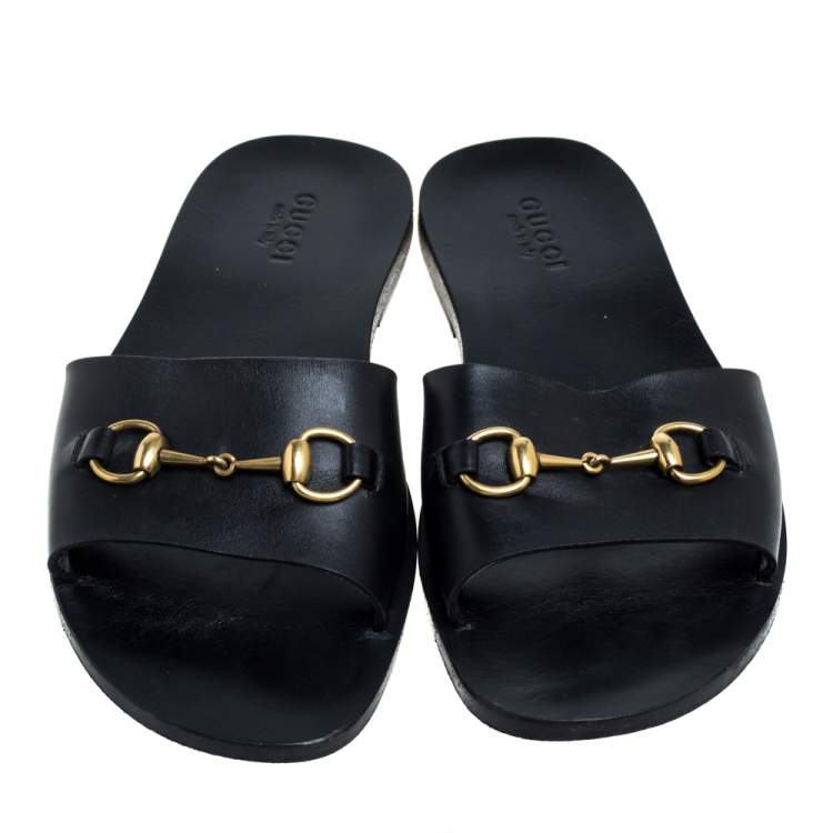 Pre Owned Gucci Black Leather Horsebit Slides Sandals Size 43.5