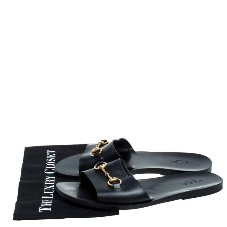 Pre Owned Gucci Black Leather Horsebit Slides Sandals Size 43.5