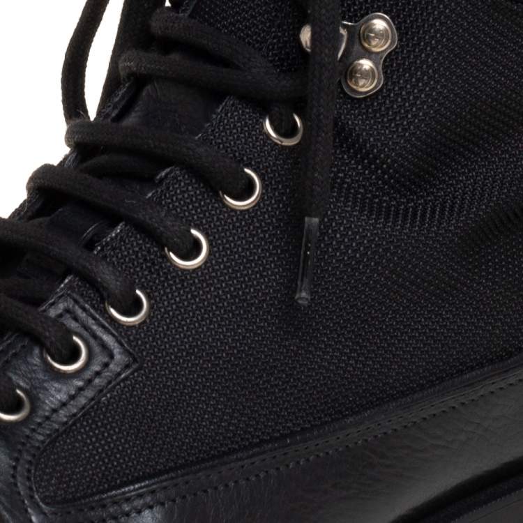 Pre Owned Gucci Black Leather and Nylon Combat Boots Size 43