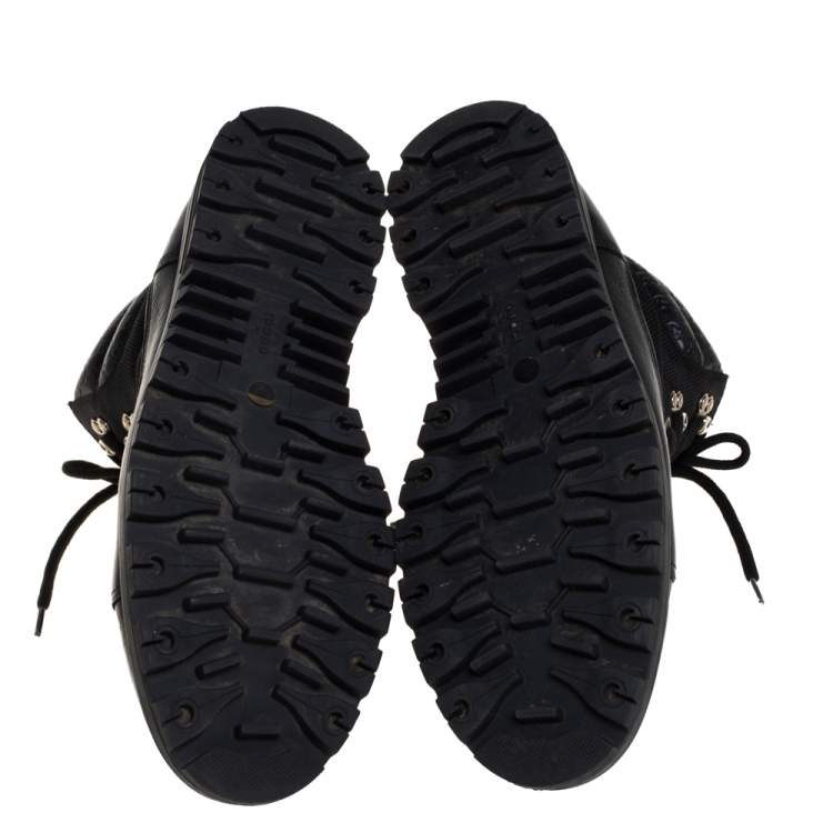 Pre Owned Gucci Black Leather and Nylon Combat Boots Size 43