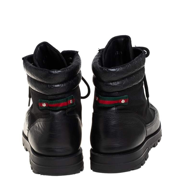 Pre Owned Gucci Black Leather and Nylon Combat Boots Size 43
