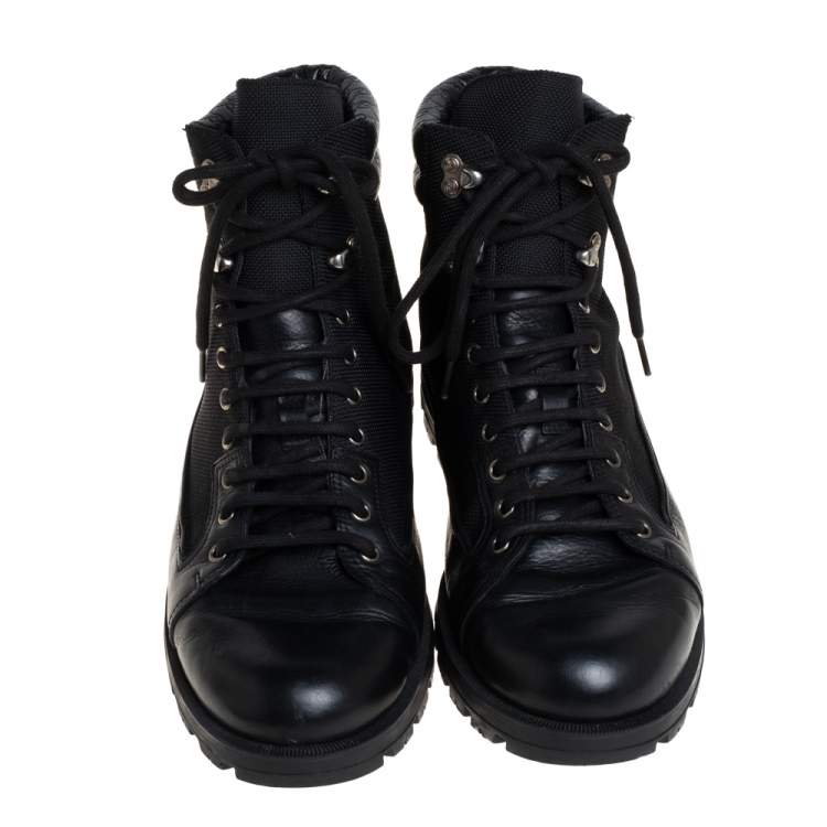 Pre Owned Gucci Black Leather and Nylon Combat Boots Size 43