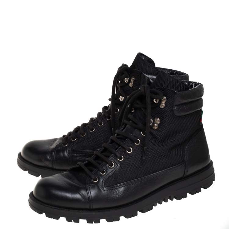 Pre Owned Gucci Black Leather and Nylon Combat Boots Size 43