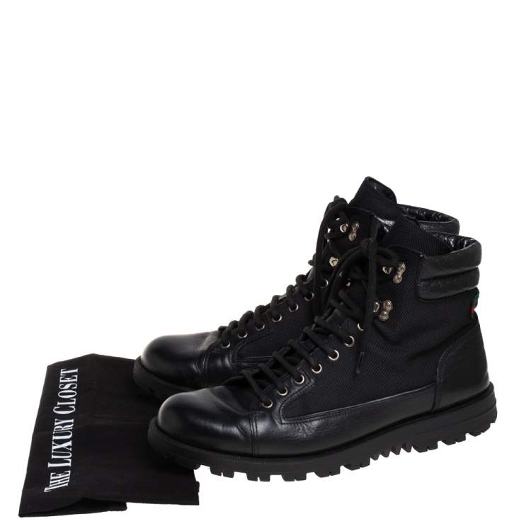 Pre Owned Gucci Black Leather and Nylon Combat Boots Size 43