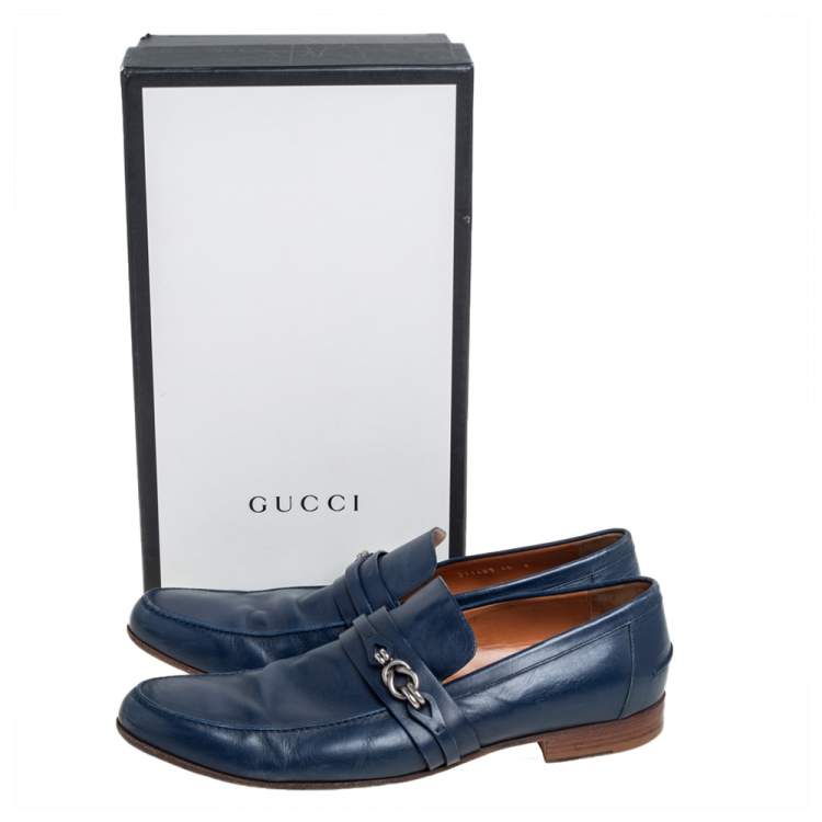 Pre Owned Gucci Blue Leather Metal Detail Loafers Size 45