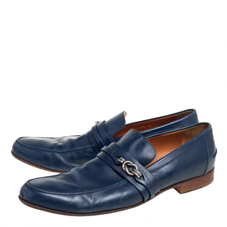 Pre Owned Gucci Blue Leather Metal Detail Loafers Size 45