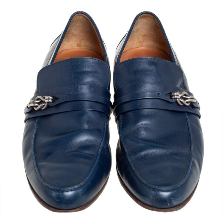 Pre Owned Gucci Blue Leather Metal Detail Loafers Size 45
