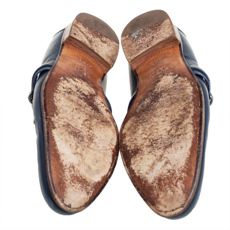Pre Owned Gucci Blue Leather Metal Detail Loafers Size 45