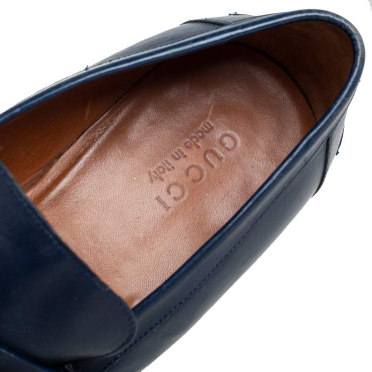 Pre Owned Gucci Blue Leather Metal Detail Loafers Size 45