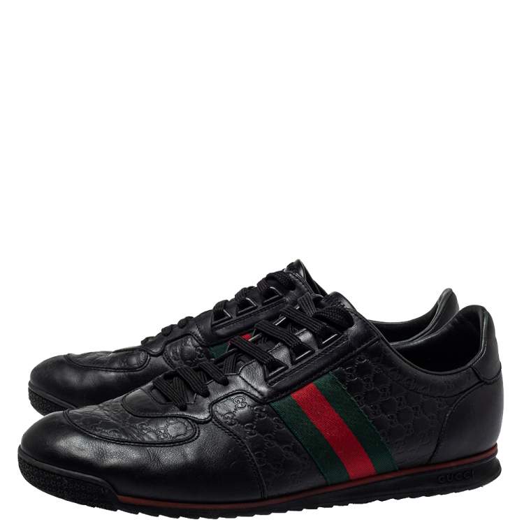 Pre Owned Gucci Black Guccissima Leather Web Detail Lace Up Sneaker Size 43.5
