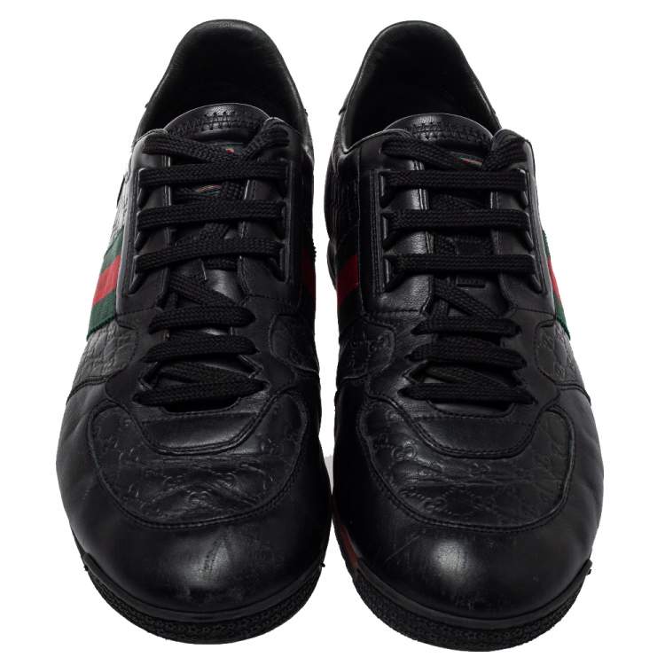 Pre Owned Gucci Black Guccissima Leather Web Detail Lace Up Sneaker Size 43.5