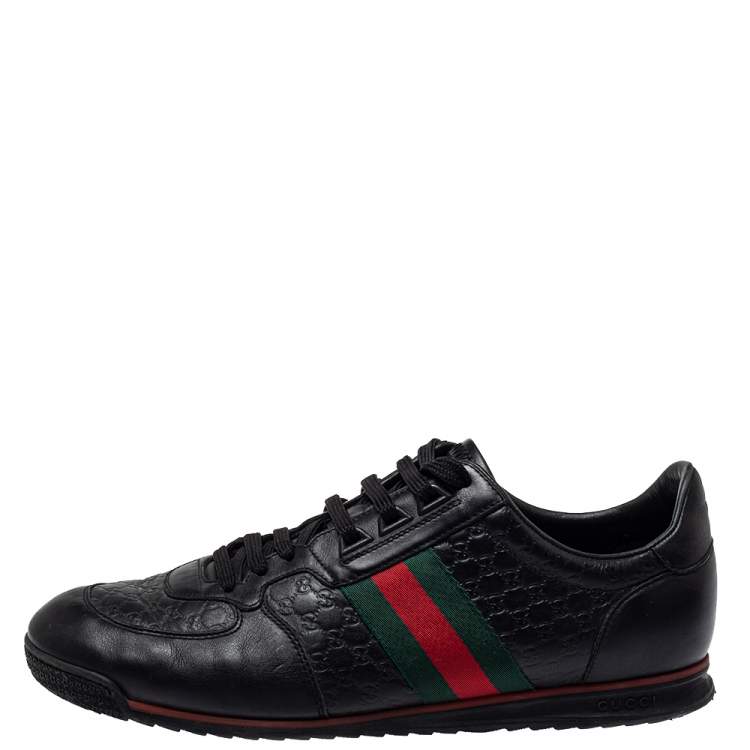 Pre Owned Gucci Black Guccissima Leather Web Detail Lace Up Sneaker Size 43.5