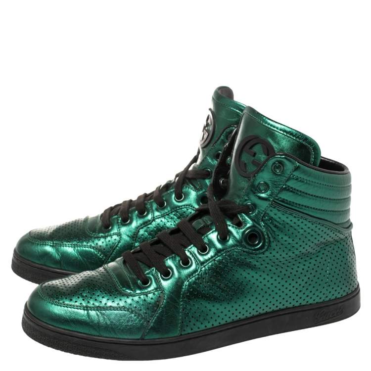 Pre Owned Gucci Metallic Green Perforated Leather Coda High Top Sneaker Size 42