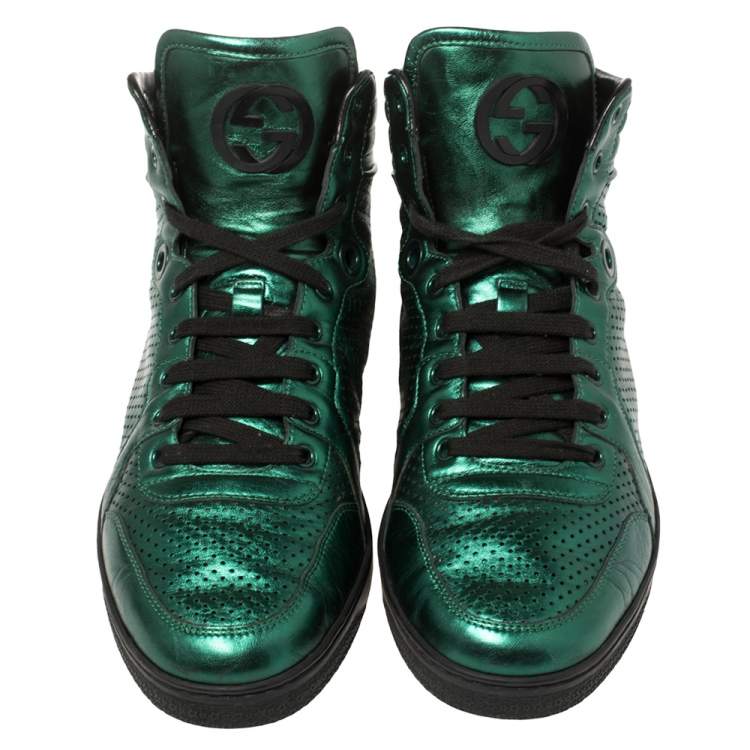 Pre Owned Gucci Metallic Green Perforated Leather Coda High Top Sneaker Size 42