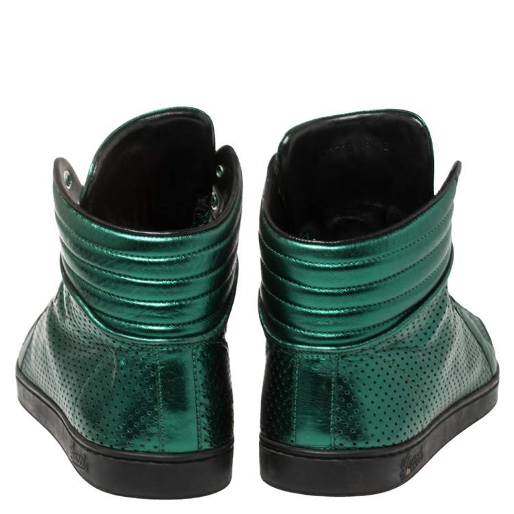 Pre Owned Gucci Metallic Green Perforated Leather Coda High Top Sneaker Size 42