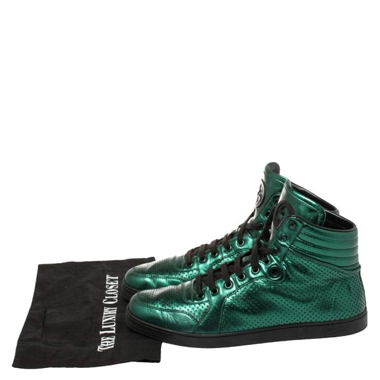 Pre Owned Gucci Metallic Green Perforated Leather Coda High Top Sneaker Size 42