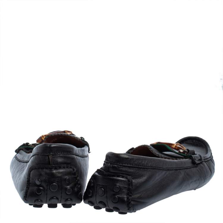 Pre Owned Gucci Black Leather Bamboo Horsebit Slip On Loafers Size 43