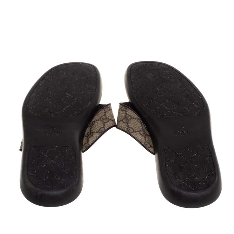 Pre Owned Gucci Beige/Brown GG Supreme Canvas Web Thong Flats Size 44