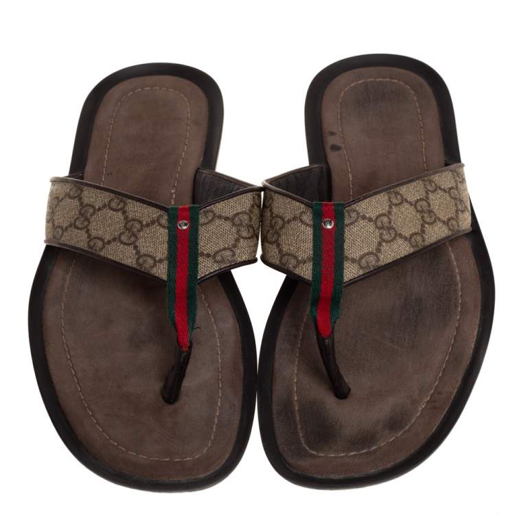 Pre Owned Gucci Beige/Brown GG Supreme Canvas Web Thong Flats Size 44