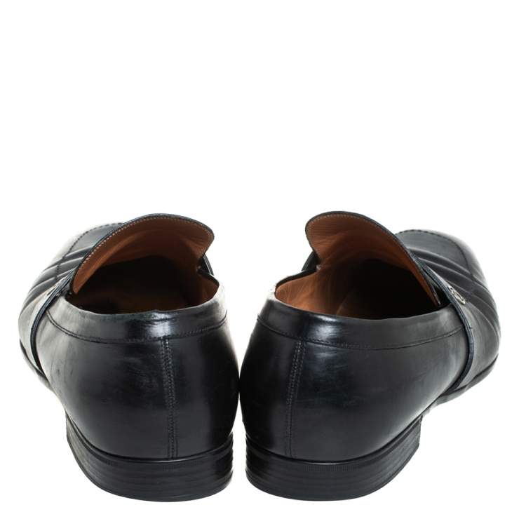 Pre Owned Gucci Black Leather GG Interlocking Slip On Loafers Size 44