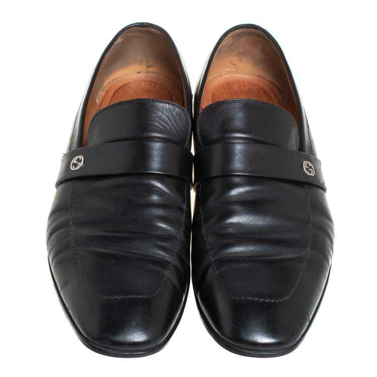 Pre Owned Gucci Black Leather GG Interlocking Slip On Loafers Size 44