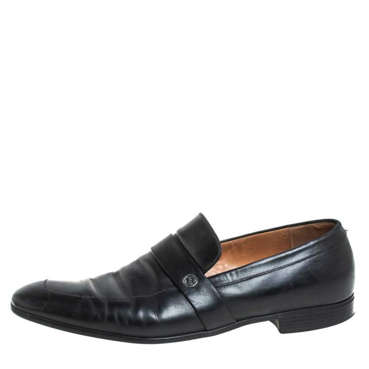 Pre Owned Gucci Black Leather GG Interlocking Slip On Loafers Size 44