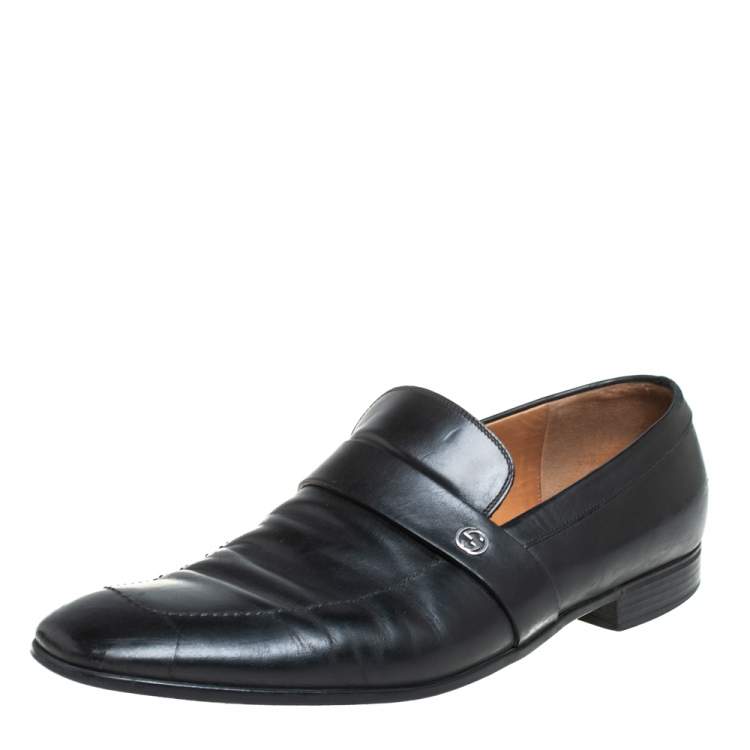 Pre Owned Gucci Black Leather GG Interlocking Slip On Loafers Size 44