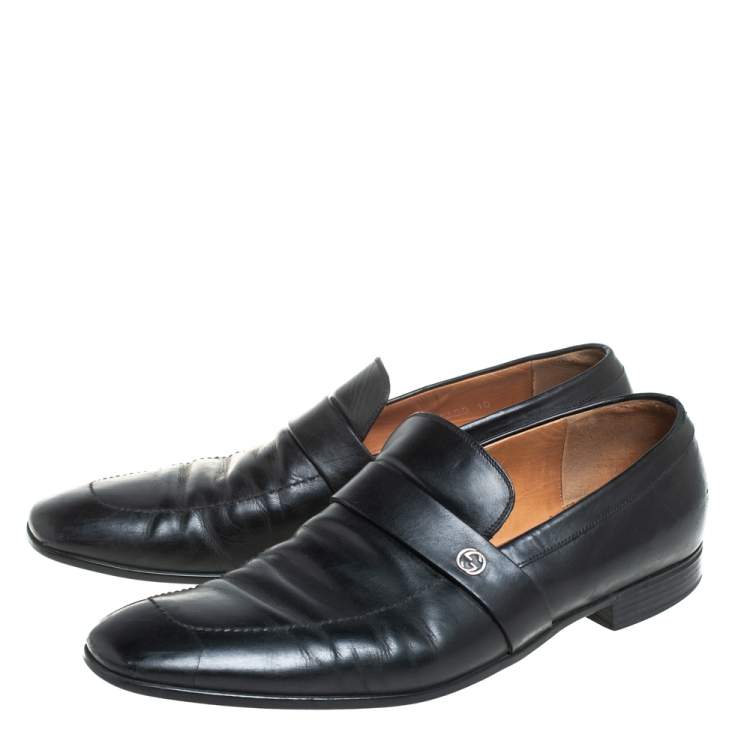 Pre Owned Gucci Black Leather GG Interlocking Slip On Loafers Size 44