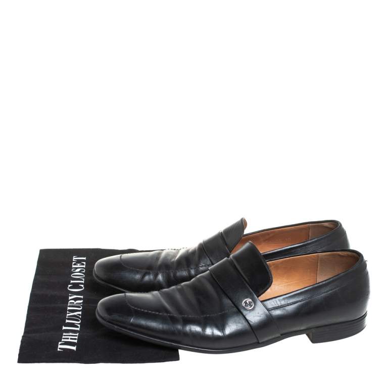 Pre Owned Gucci Black Leather GG Interlocking Slip On Loafers Size 44