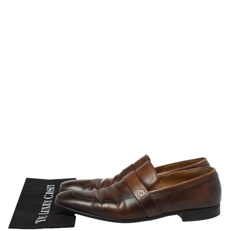 Pre Owned Gucci Brown Leather GG Interlocking Loafers Size 44