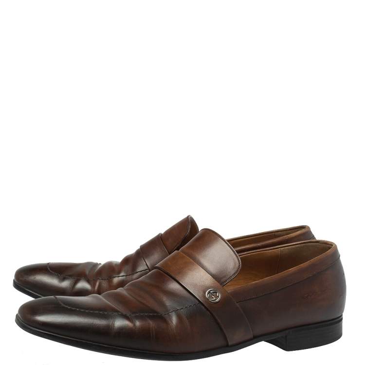 Pre Owned Gucci Brown Leather GG Interlocking Loafers Size 44