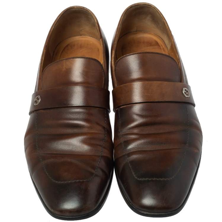 Pre Owned Gucci Brown Leather GG Interlocking Loafers Size 44