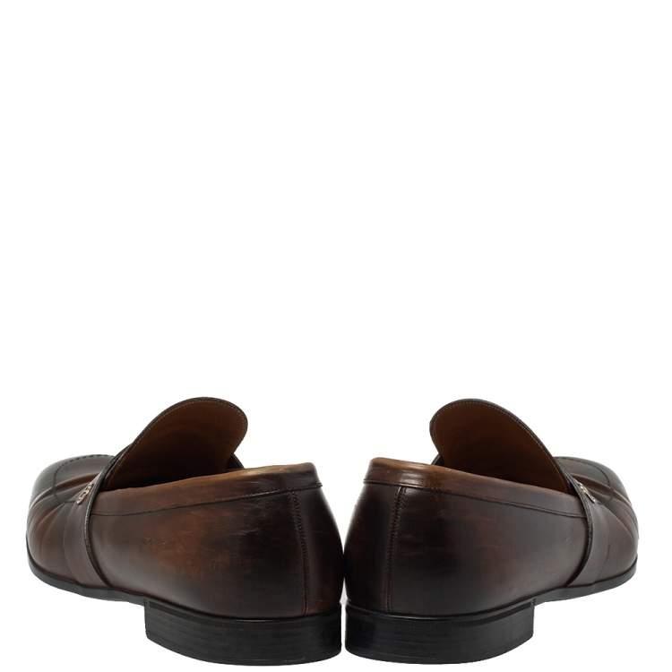 Pre Owned Gucci Brown Leather GG Interlocking Loafers Size 44
