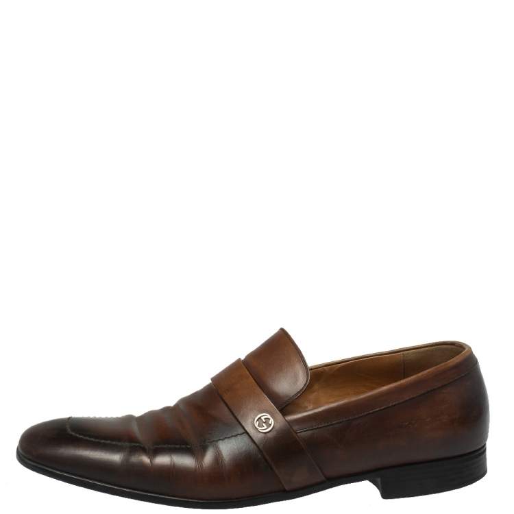 Pre Owned Gucci Brown Leather GG Interlocking Loafers Size 44