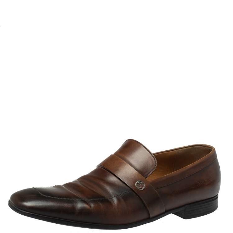 Pre Owned Gucci Brown Leather GG Interlocking Loafers Size 44