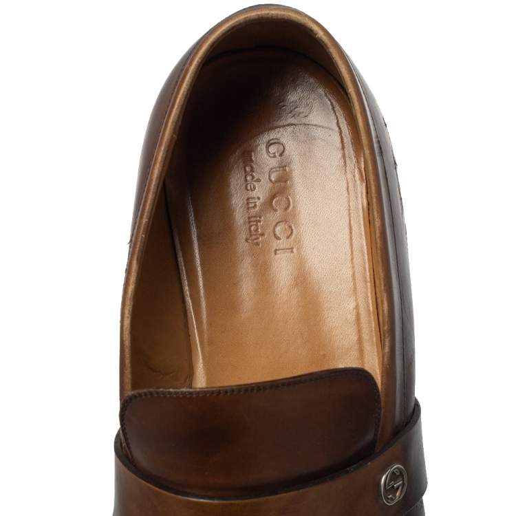 Pre Owned Gucci Brown Leather GG Interlocking Loafers Size 44