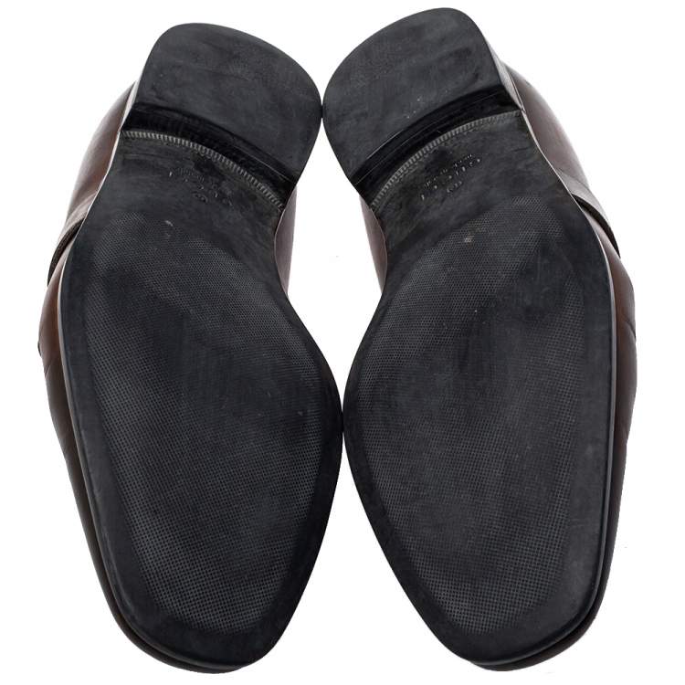 Pre Owned Gucci Brown Leather GG Interlocking Loafers Size 44